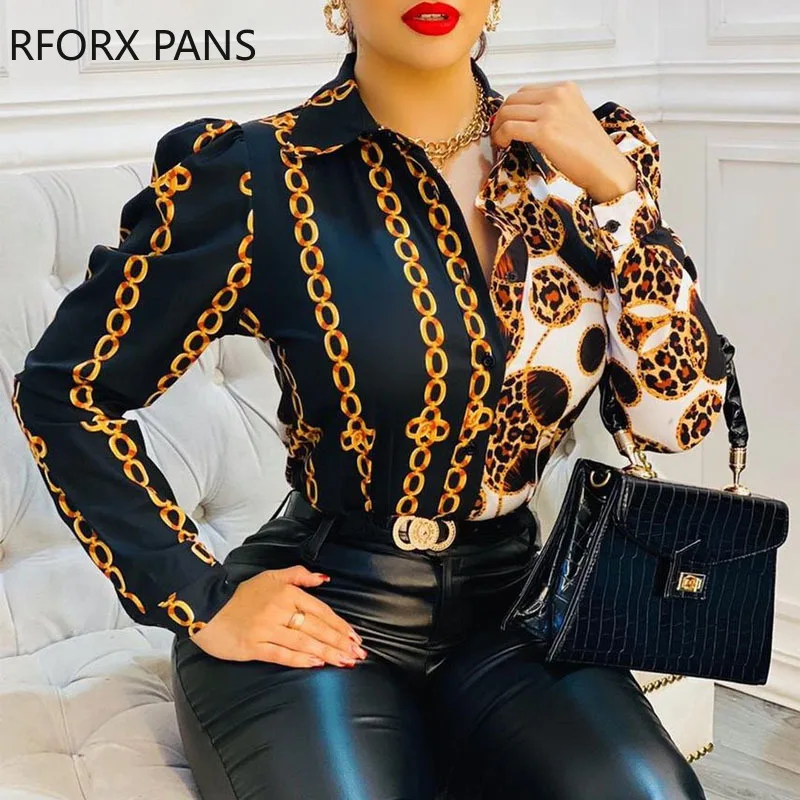 Women Chic Fashion Chain Pattern Turn Down Collar Long Puff Sleeves Casual Blouses Tops