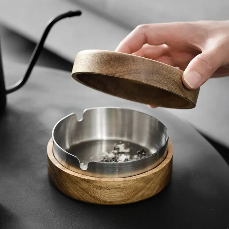 

Walnut Wood Ashtrays With Lid Covered Windproof Ashtray With Stainless Steel Liner Indoor Outdoor Ash Tray Home Desk Accessories
