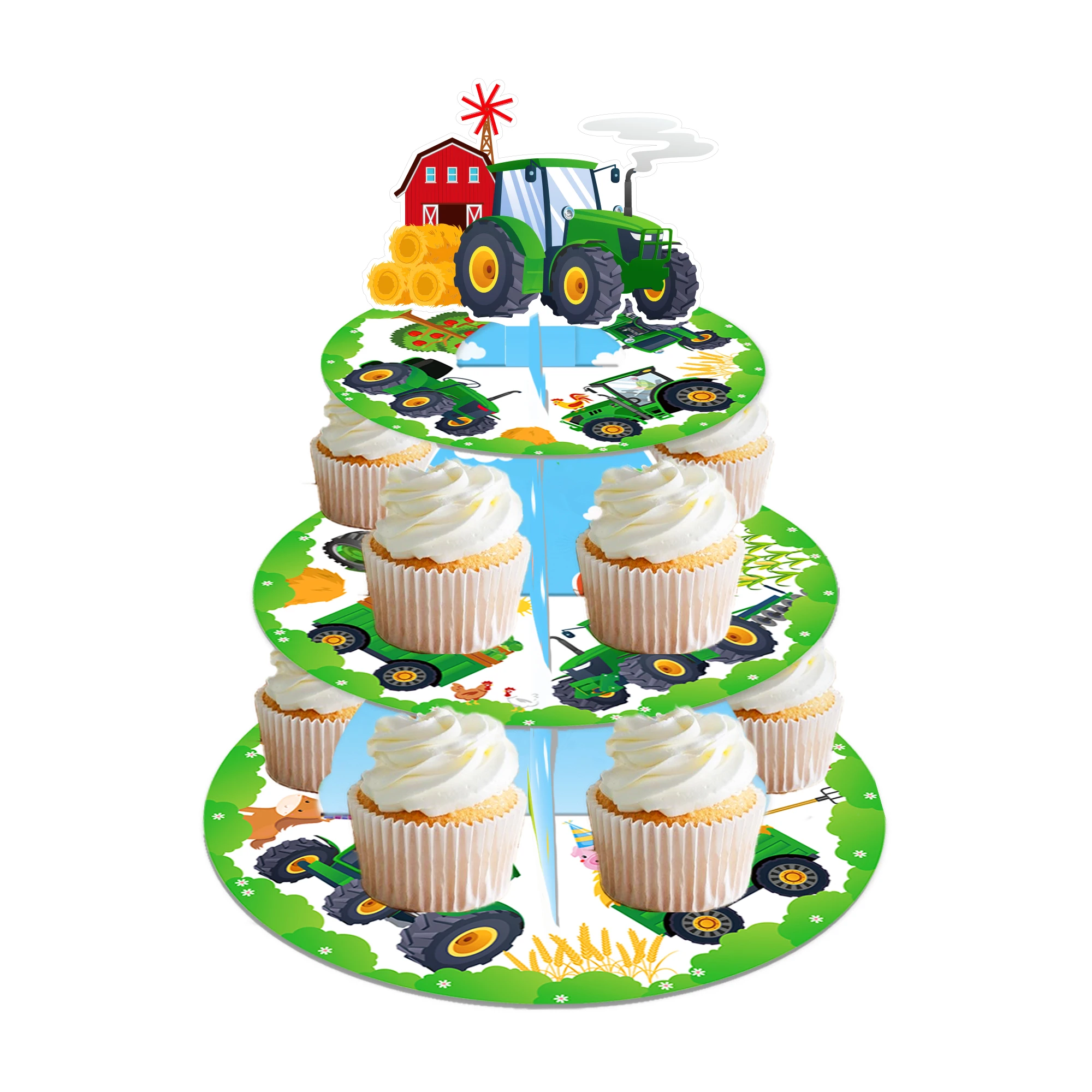 

3-layers Kids Cartoon Farm Tractor Car Truck BIRTHDAY Party Paperboard Cupcake Display Stand Baby Shower Party Cake Decorations