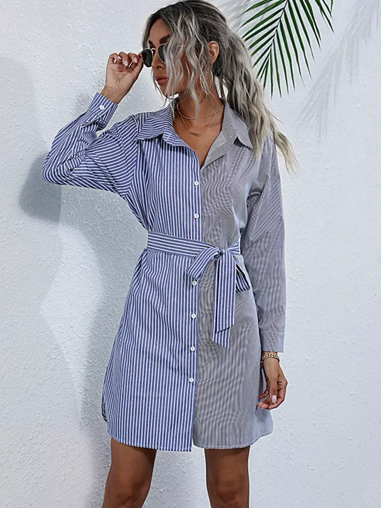 Blouses For Women Fashion Striped Patchwork Lapel Long Sleeve Office Work Button Shirts Tops Female Casual Belt Blouse