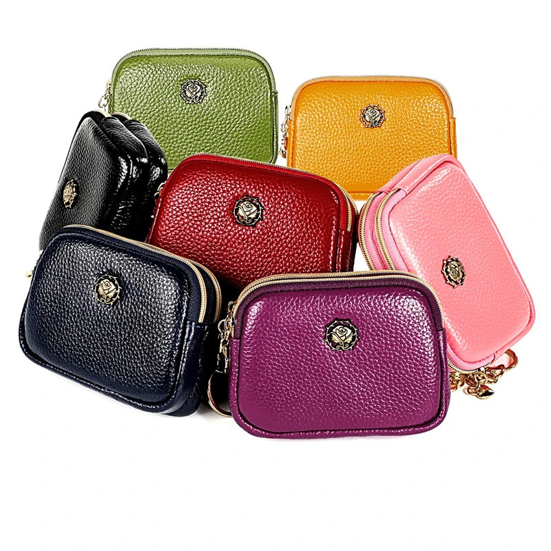 

LKEEP Mini Women Coin Purse Genuine Leather Female Double Zipper Wallet Card Pouch Women Money Bag Small Wallets Keychain