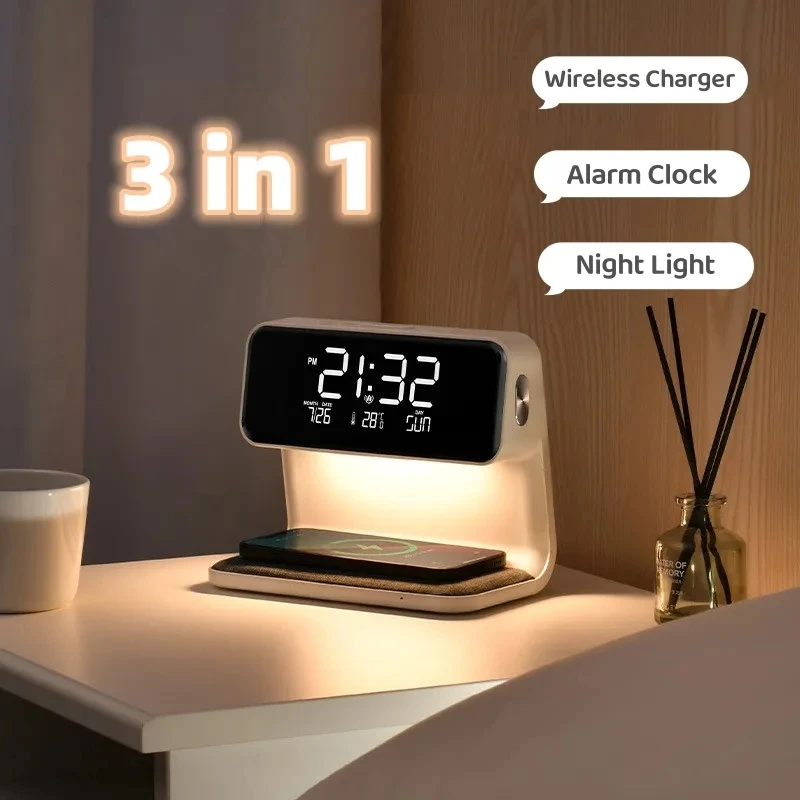 

Multi-function alarm clock clock desktop night light intelligent 3-in-1 wireless fast charging night light ambient light