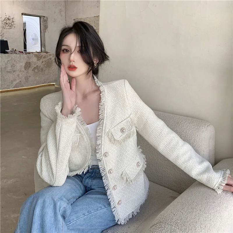 Женские твидовые короткие куртки с бахромой элегантные милые шикарные шерстяные