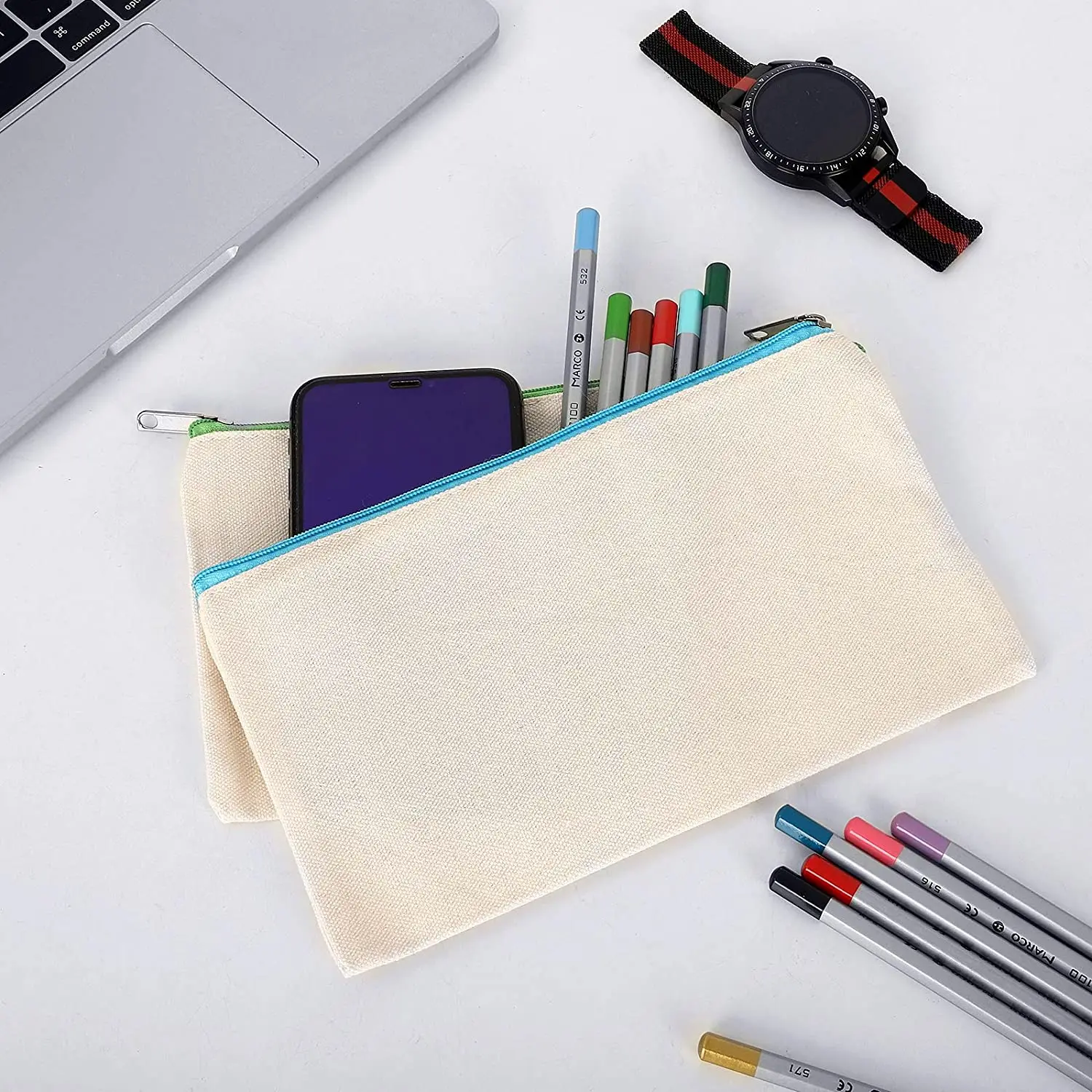100pcs bag Cotton Canvas Makeup Bag, Multipurpose Cosmetic Bag with Zipper Travel Toiletry Pouch, Blank DIY Craft Bag Pencil bag