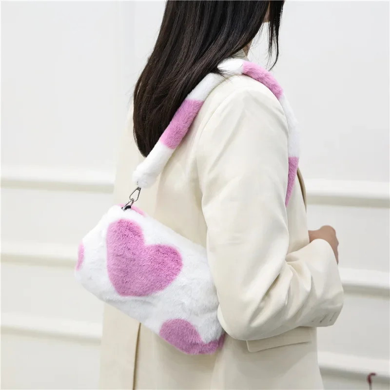 

Women Cow Print Mini Shoulder Bags Plush Print Shopper Purses Female Handbag Winter Plush Underarm Bags Fluffy Tote Bags Purses
