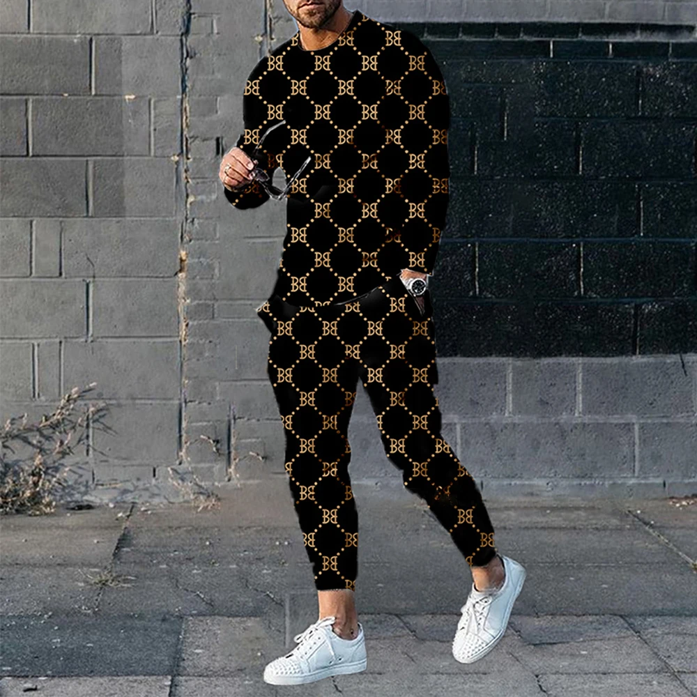 

Men's Casual Tracksuit Autumn 2 Piece Sets Strip Printed T Shirts+Trousers Joggers Set Fashion Street Long-Sleeve Pants Suit