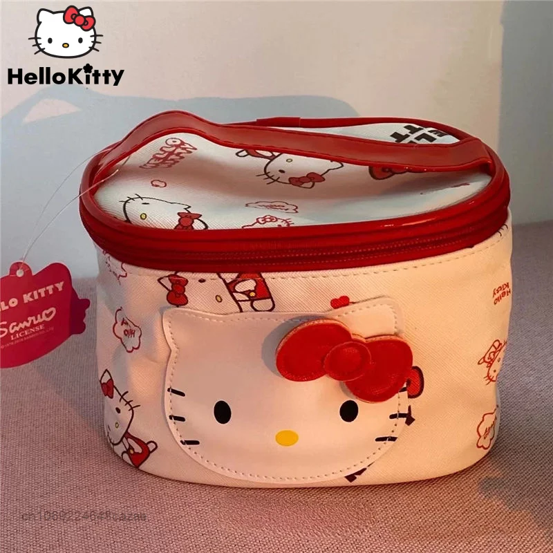 Sanrio Hello Kitty Cute Large Capacity Makeup Bag PU Leather Waterproof Wash Bag Girl Heart Cartoon Portable HandBag For Women