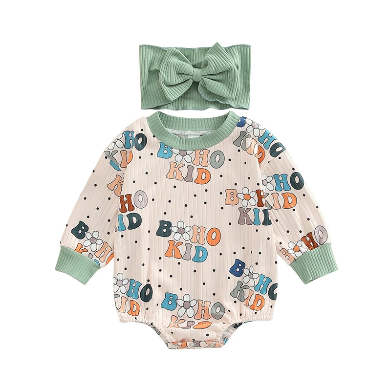 

Fall Clothing for Baby Girl’s Long Sleeve Jumpsuit & Headband Cartoon Letter/Doll Printed Round Neck Bodysuit Cute