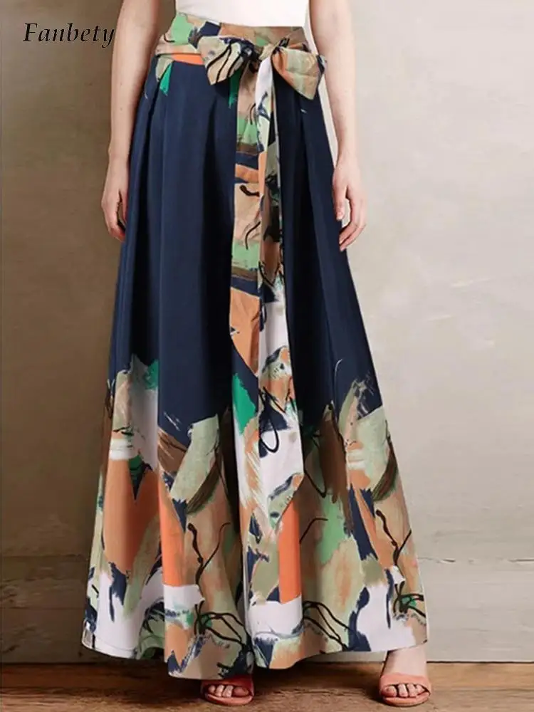 

Vintage Pattern Print High Waist Trousers 2022 Women Elegant Bow Tie-up Wide Legger Pants Summer Fashion Loose Beach Sweatpants
