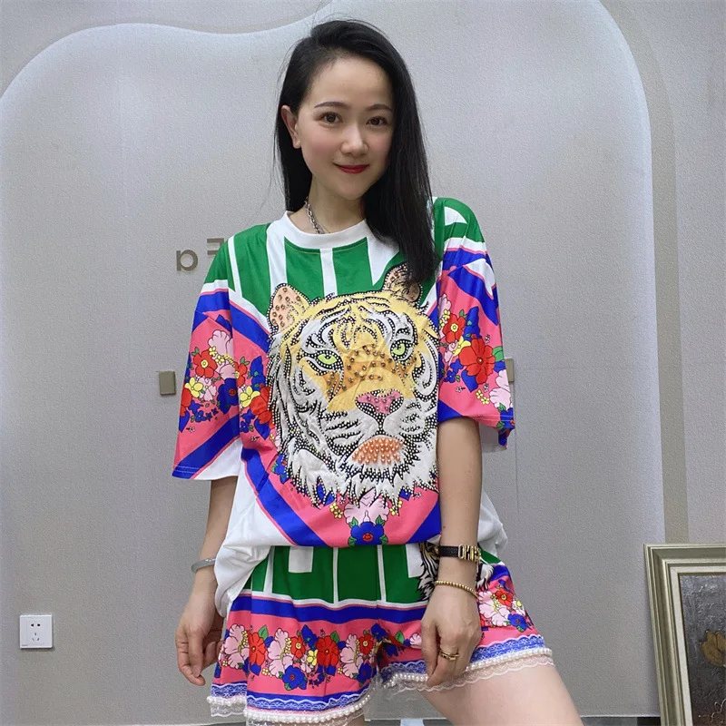 Women Summer Tiger Printing Diamond 2 Piece Set,Colorful Loose T Shirt and Elastic Waist Shorts Two Piece Outfits for Women