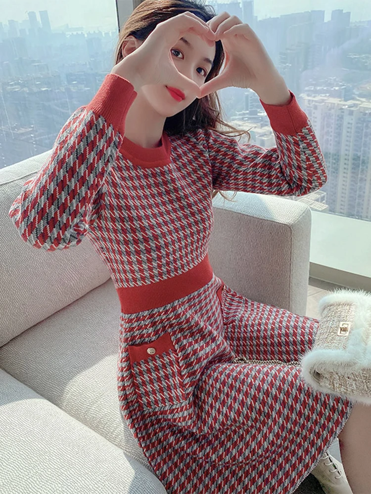 Red Houndstooth Dress Women Autumn and Winter Long sleeve Skirts Slim fit Slimming Graceful Mid-Length Knitted Base Skirt