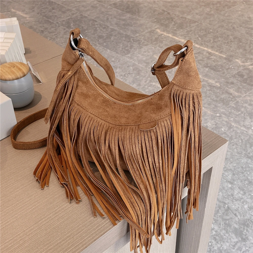 

Hifashion Retro Suede Fringed Hobo Crossbody Bags For Women 2023 Trend Designer Shoulder Bag Ladies Handbags Black Brown Blue