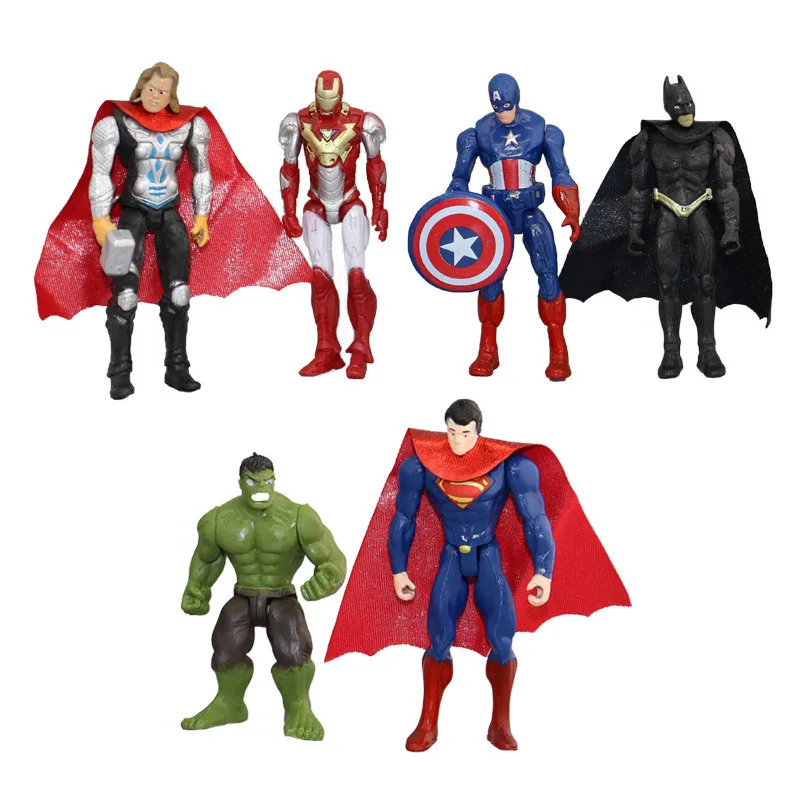 Figuras de acción de superhéroes de Disney, 6 unids/set, 10 CM, Batman, Superman, Iron Man, Capitán América, Thor, Hulk, modelo de Marvel