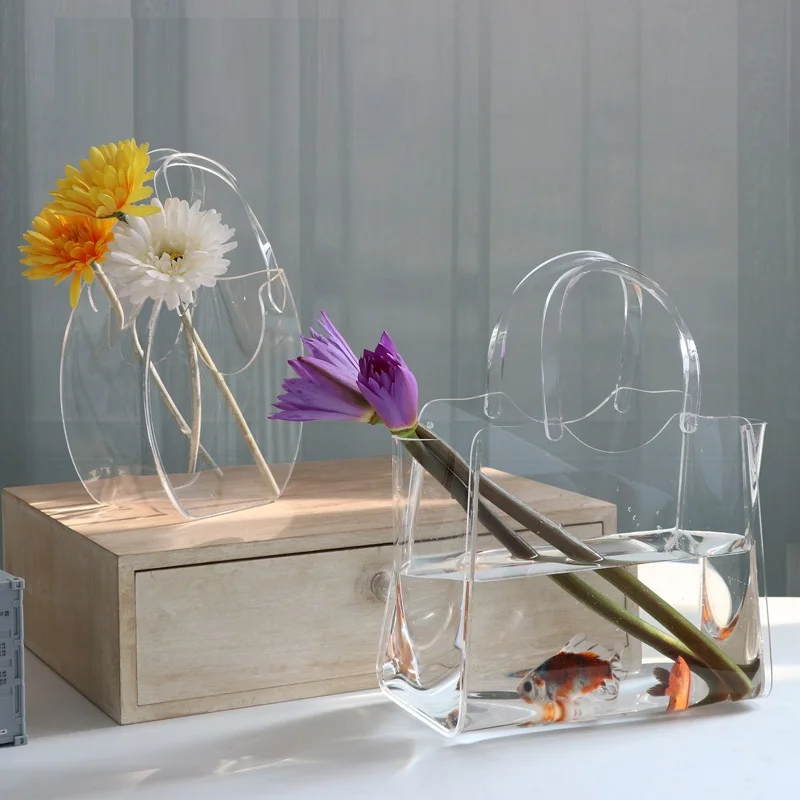 

Acrylic Bag Vase Transparent Shopping Basket Desktop Small Fish Tank Flower Pots Fashion Street Shot Props Home Decor Accessorie
