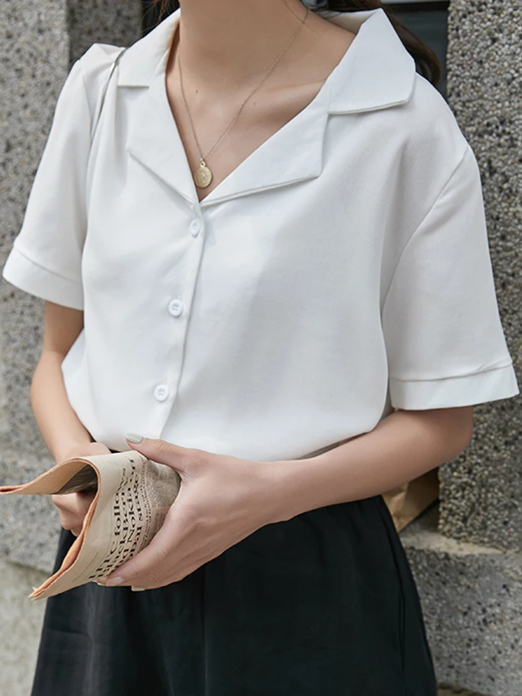 

ZOKI Fashion Korean Shirt Women Short Sleeve Summer Casual V Neck Casual Office Lady White Button Up Tops Chiffon Designed Tops
