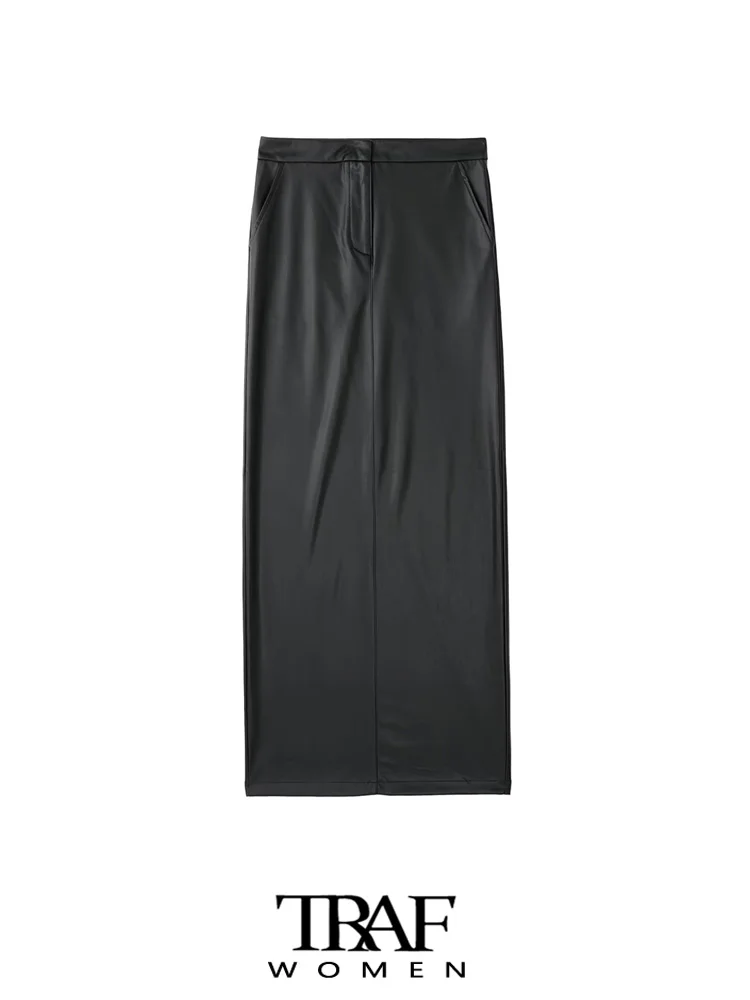 

TRAF Women Fashion Side Pockets Faux Leather Midi Skirt Vintage High Waist Zipper Fly Female Skirts Mujer