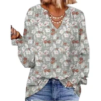 2022 new top womens v neck printed petal sleeved long sleeved loose casual pullover shirt women clothing