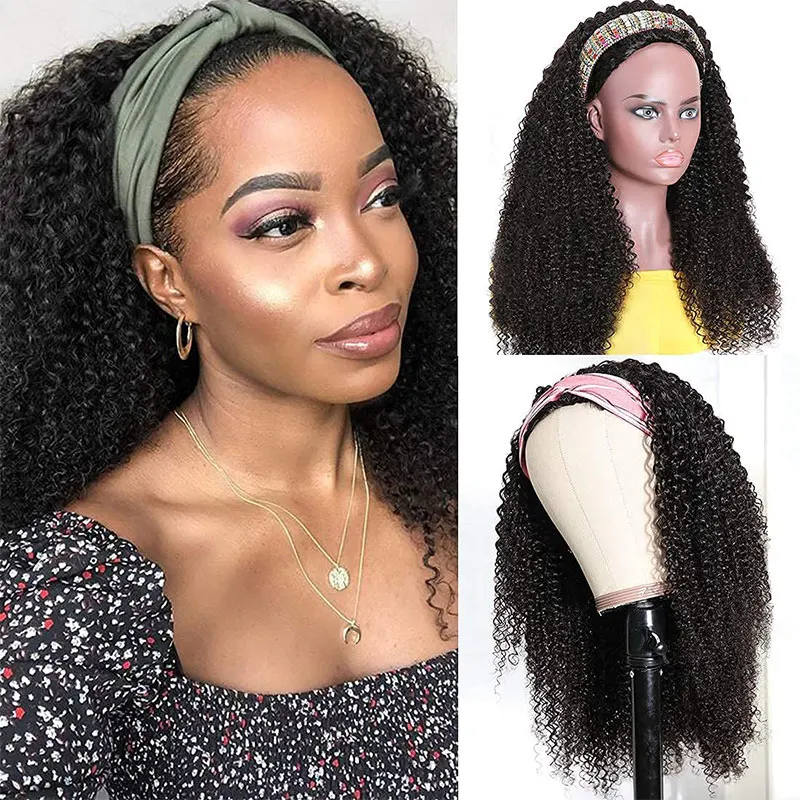 Afro Kinky Curly Headband Wig 150 Density Human Hair Wigs Remy Brazilian Full Machine Made Wig For Women Natural Color