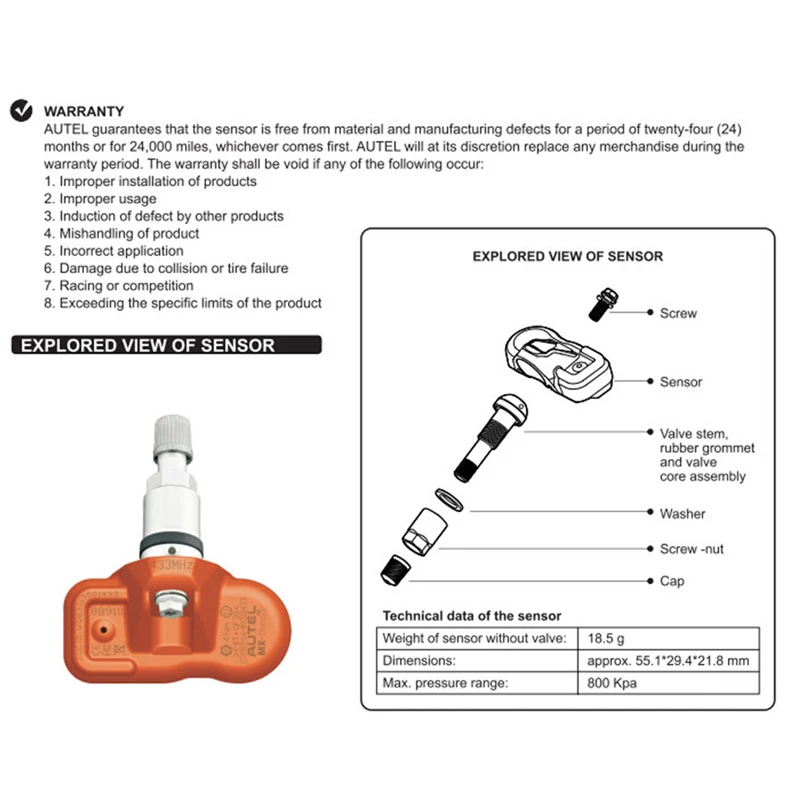 Датчик Autel mx-сенсор 433 МГц 1 шт. датчик s анализ шин работа с TPMS PAD TS401 TS601 100% Клон-и 98%