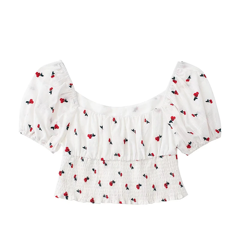 

KBAT Cotton Linen Cherry Crop Top Female Summer Embroidery Blouse Women Short Sleeve Chic Blouses for Women Fashion 2022 Women