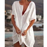 2022 cotton loose mid length shirts women swimsuit cover ups tunics for beach beachwear mini dress white blue large sizes 8xl