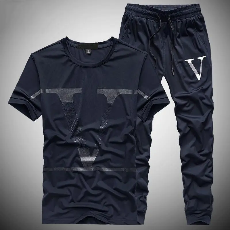 Men's Summer Sports Leisure Sports Suit Short-sleeved T-shirt Trousers Fashion Printing Handsome Two-piece Set