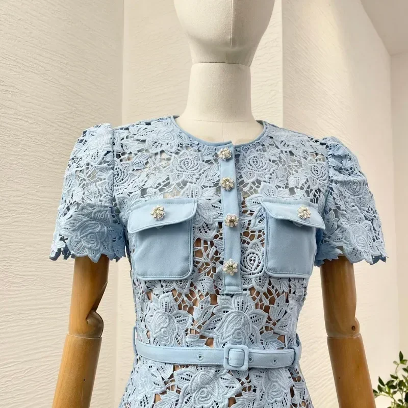 Элегантное высококачественное синее мини-платье с короткими рукавами и