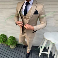 2022 tailor made beige mens suit slim fit notched lapel one button tuxedos groom casual business 3 pieces set blazer vest pants