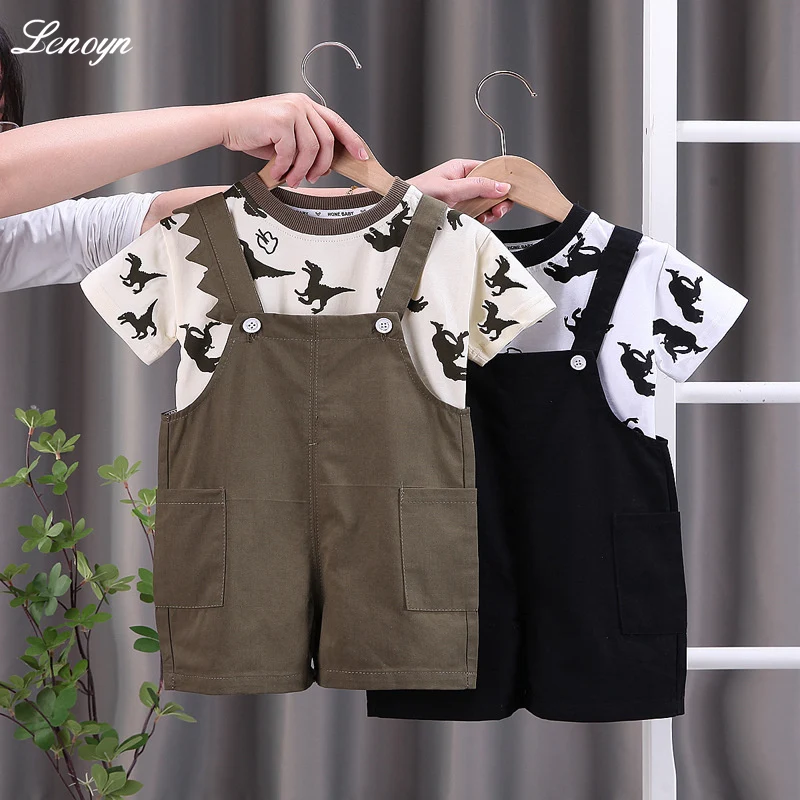 

Lenoyn Summer New Baby Boys Girls Casual Denim Strap Pants Two Piece Striped Round Neck Printed Short Sleeve Clothing Set