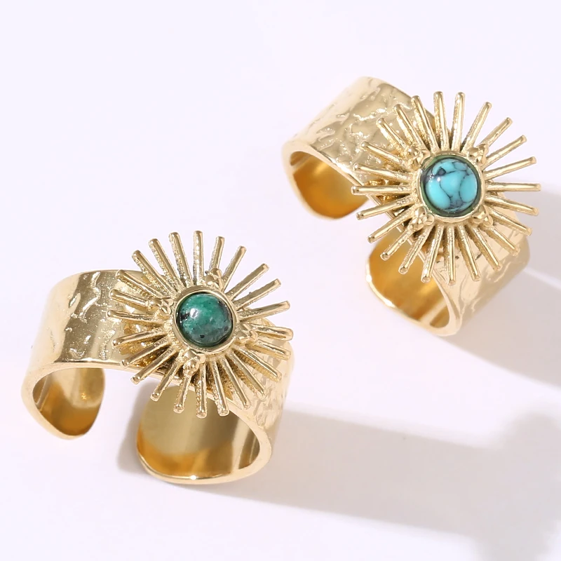 

Vintage Wide Sun Natural Stone Ring For Women Turquoise Adjustable Opening Rings18k Gold-plated Fashion Jewelry Party Gift