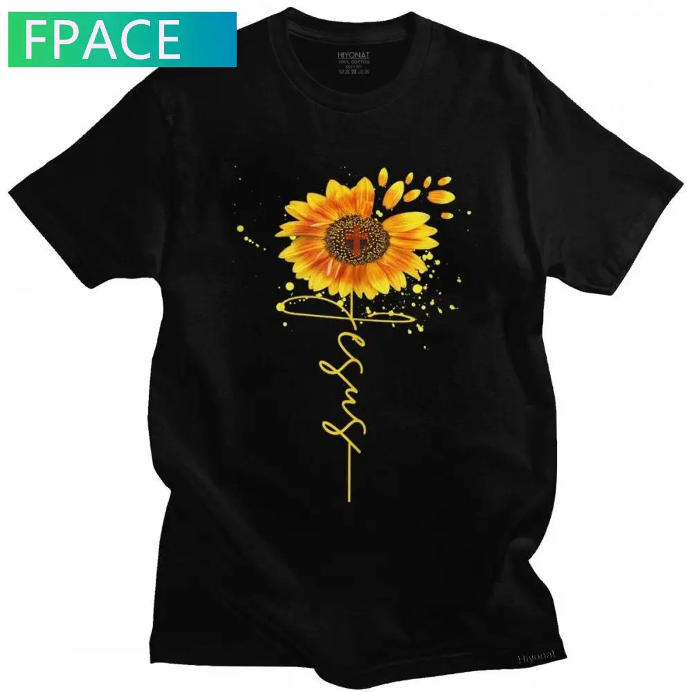 

Jesus Sunflower Spiritual Christian Faith Religious Mens T Shirt Pre-shrunk Cotton Tee Tops Short Sleeve Urban T-shirt Clothing