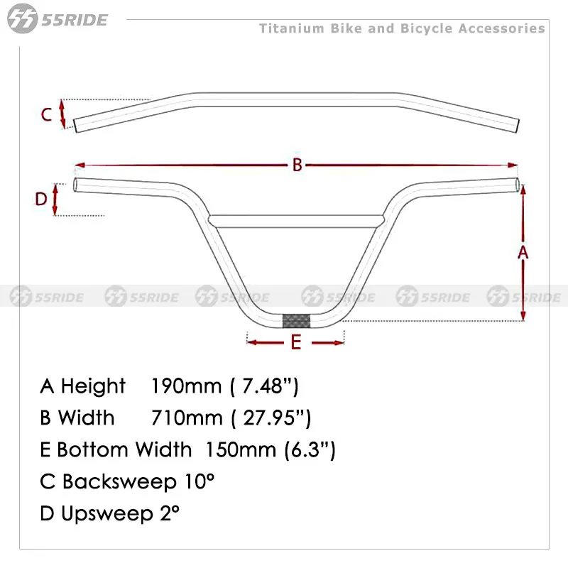 Фото Кастомные титановые (Gr9) рули BMX из титана Ti T3Al2.5V, ширина 710 мм, высота 190 мм, 2-я модель. °   Апсвеп 10 °   Бэксвип №2