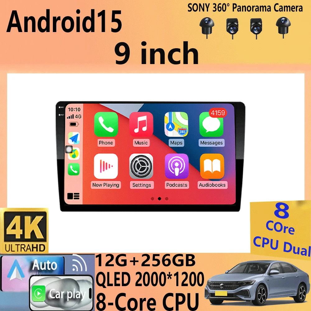 Фото Android 15 2din Автомобильный радиоприемник Мультимедийный плеер 9-дюймовый Carplay для Toyota Volkswagen Hyundai Kia Renault Nissan Honda Lad WIFI + 4G №1