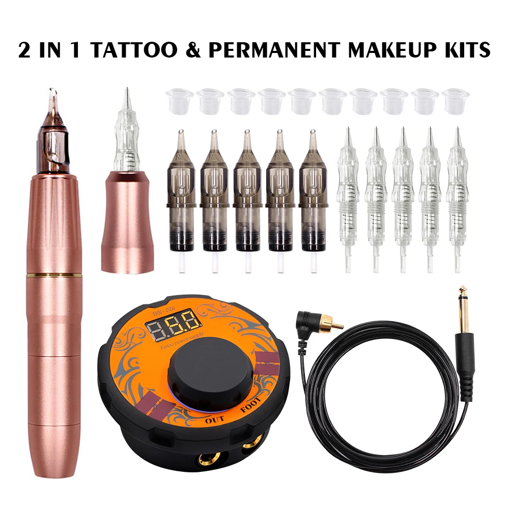 Permanent Makeup Device Tattoo Machine Kit With 2 Head Rose Gold Microblading Pen Equipment Tattoo Gun Set With Tattoo Cartridge