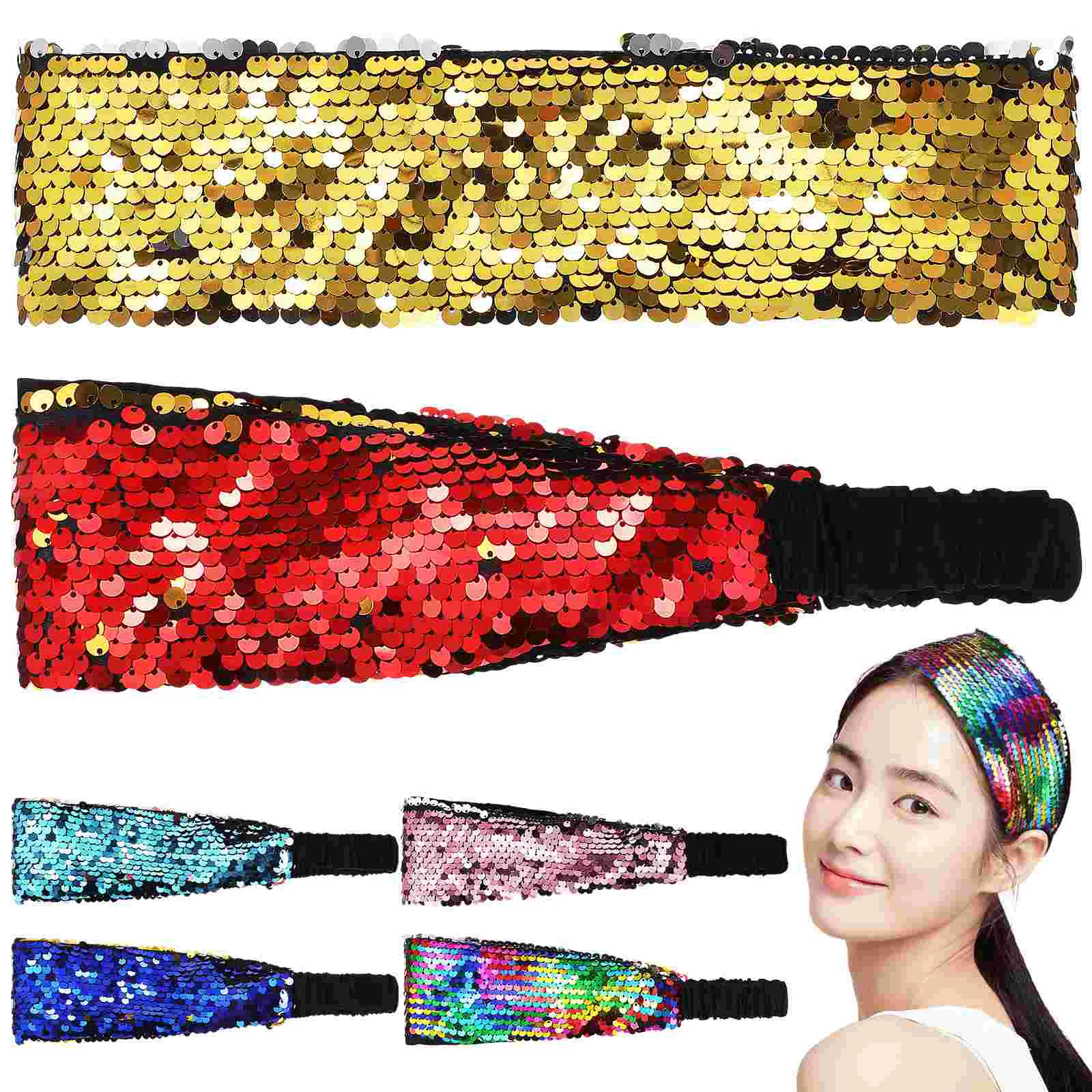 

6 Pcs Glitter Headbands Sequin Hair Bands Elastic Reversible Hair Headpieces for Women and Young Girls