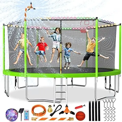 

16FT 15FT 14FT Trampoline for Kids and Adults, Large Outdoor Trampoline with Stakes, Light, Sprinkler, Backyard Trampoline with