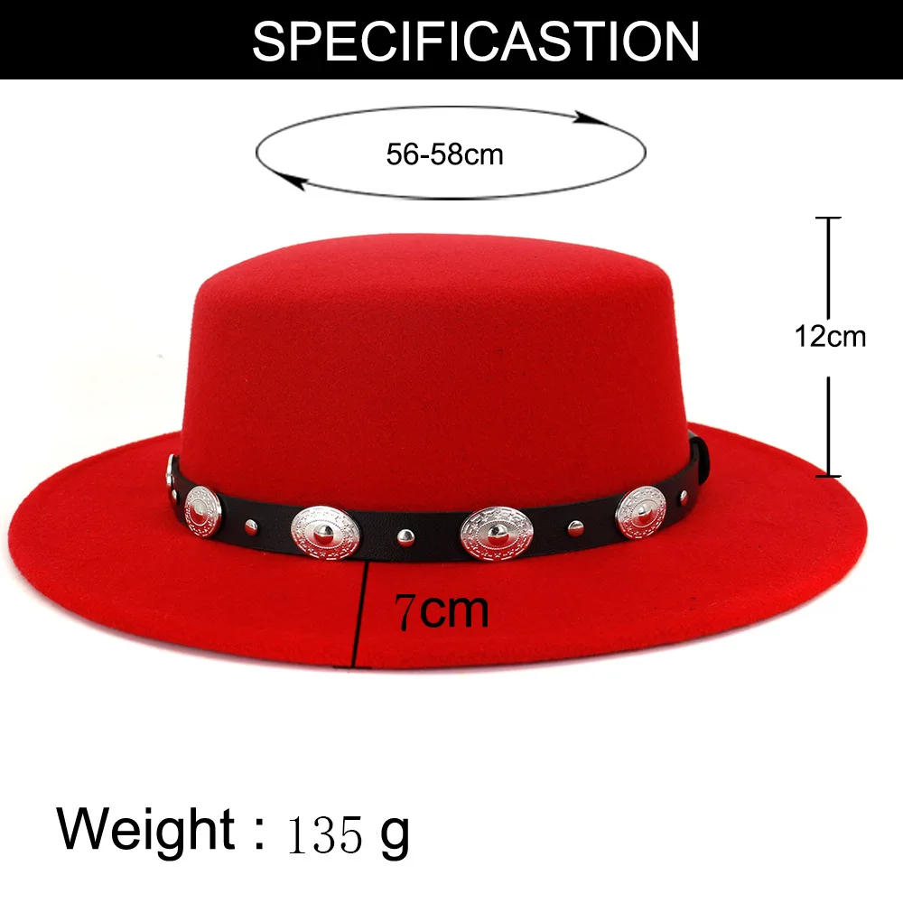 Плоская фетровая шляпа с кожаным ремешком осенне-зимняя широкими полями для