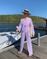 summer beach style see through gauze two piece set loose solid color cardigan wide leg pants sexy casual matching sweat suit