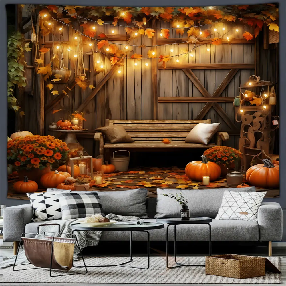 Осенний гобелен настенный подвесной в деревенском стиле оранжевая тыква