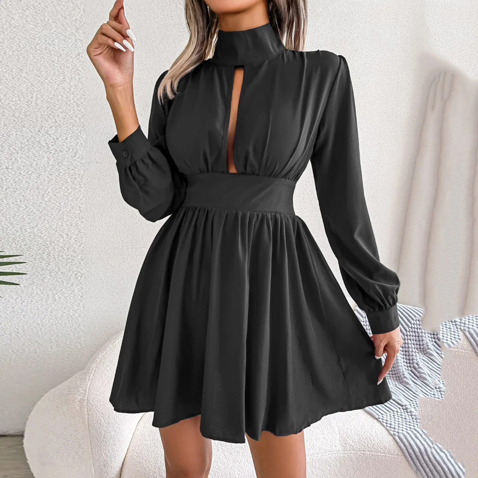 

Long Sleeve Black Dress Women Autumn Turtleneck Sexy Hollow Large Hem Dress High Waist Belt Clubwear Dress Vestidos Robe Femme