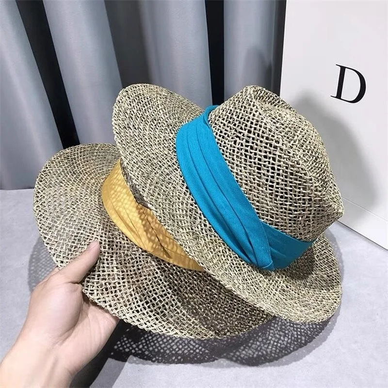 

Fashion Straw Hat Sunhats Retro Flat Brim beach top hat Summer Hats For Women Fedoras Panama hat Ladies Visors Travel Gorras