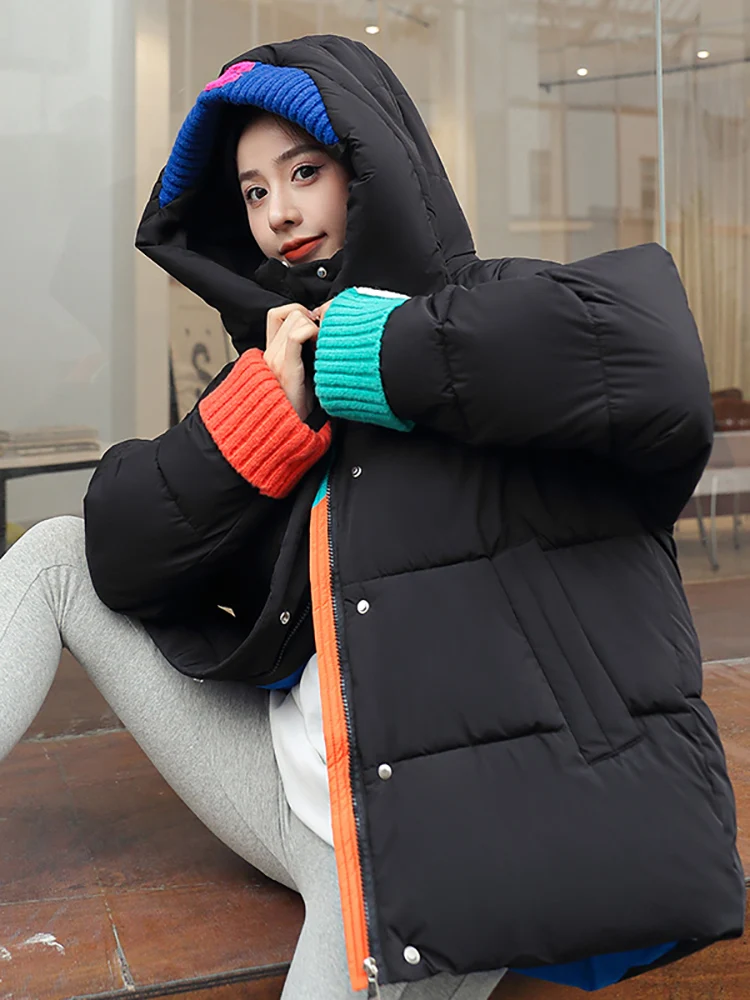 AOSSVIAO 2022 New Winter Women Parkas Jackets Loose Hooded Thicken Warm Padded Coat Knit Spliced Female Winter Outwear Jacket