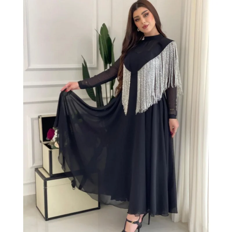 Ramadan Long Dress Moroccan Caftan 2023 Women's Spring Summer Big Swing Sexy High Tassel Waist Splice Chiffon Evening Dress