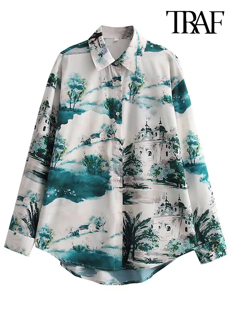 Женская Свободная блузка с принтом длинным рукавом и пуговицами |