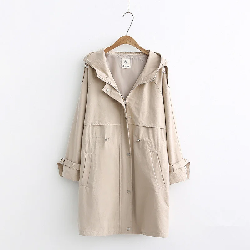 

Gray Khaki Trench Coat Women Sleeve Drawstring Hooded Windbreaker Spring New Korean Loose Mid Long Zipper Overcoat Female
