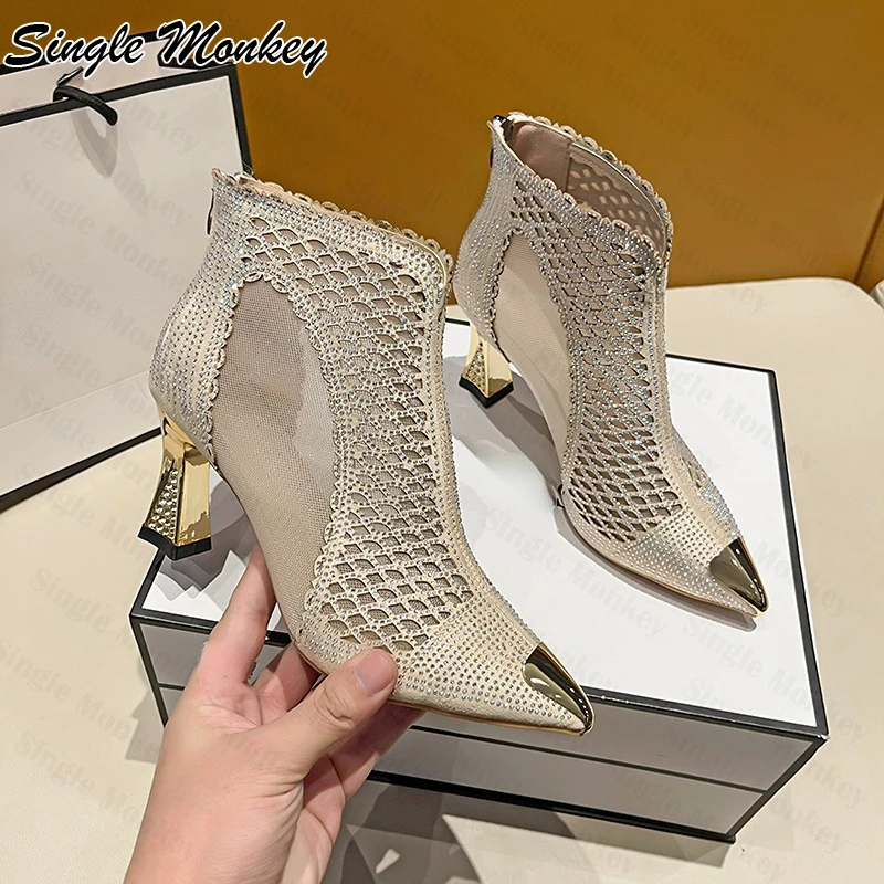 

Summer Designer Mesh High Heels Women Sandals Boots 2022 New Fad Pointed Toe Breathable Shoes Pumps Dress Party Women Sandals