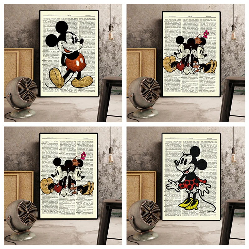 

Disney Cartoon Retro Canvas Painting Mickey Minnie Mouse Posters Animated Character Prints Wall Art Pictures Kids Room Decor