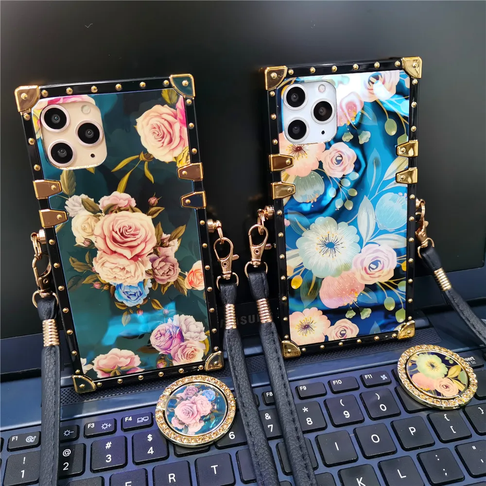 

Retro Bloem Glitter Bloemen Vierkante Cover Lanyard Cord Strap Case Voor Samsung Galaxy A52 A72 A71 A12 A22 A32 A42 a31 A21S A10