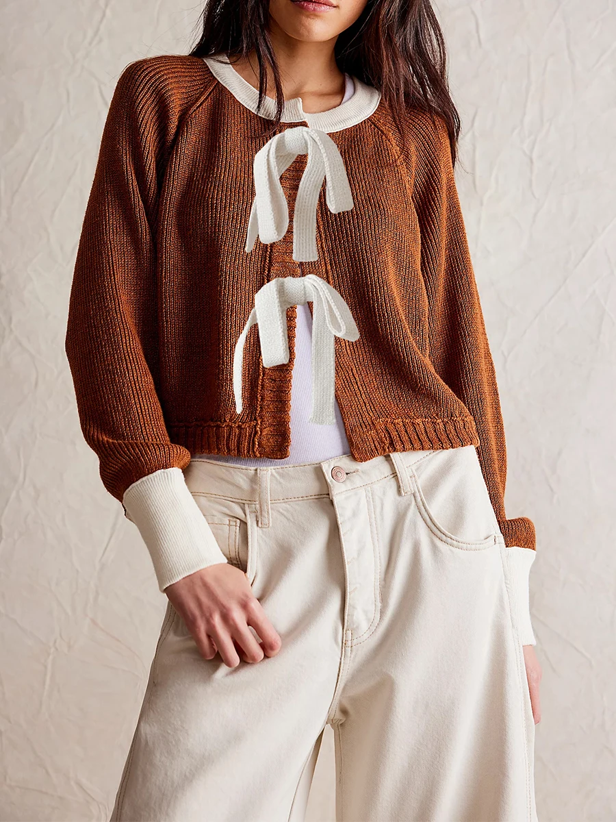 Женский вязаный свитер с длинным рукавом и круглым вырезом галстуком-бабочкой