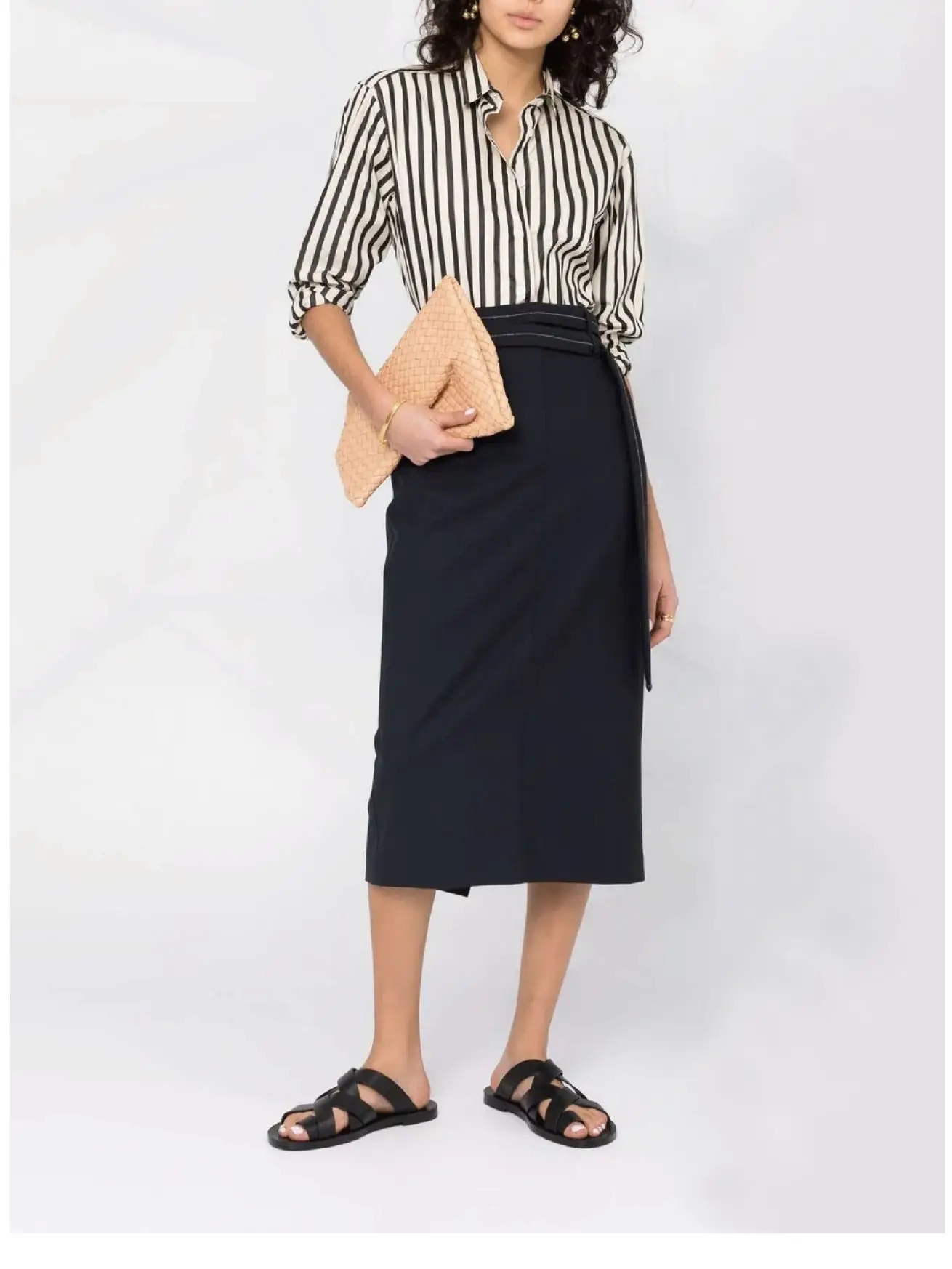 Women High Waist Back Slit Midi Skirt Fashion Temperament  2022 New Commuter Long Skirts with Shiny Belt